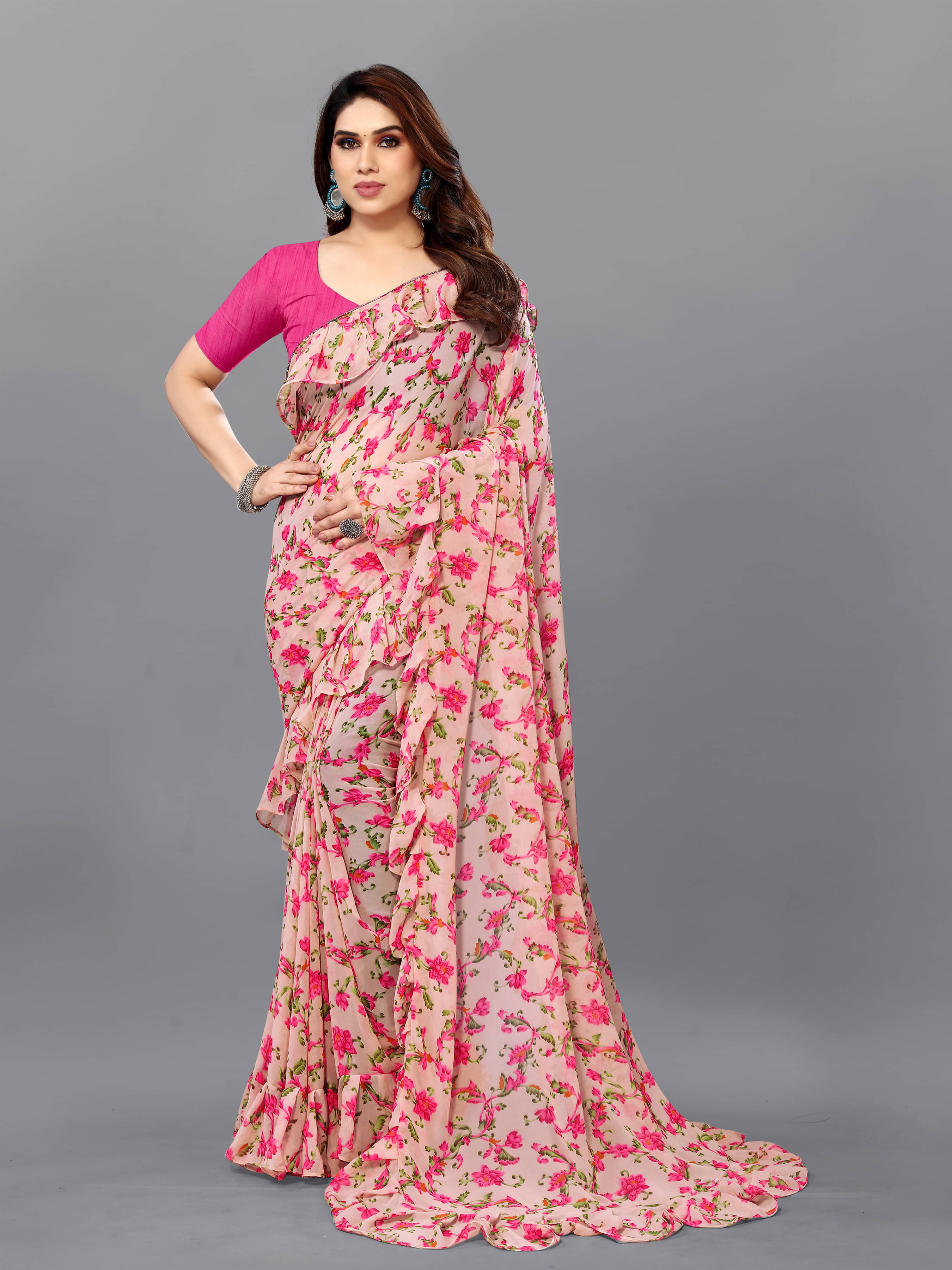 SARIK  FASHION Chiffon Printed Saree With Unstitched Blouse Piece ( Pink )     			SARIK  FASHION Chiffon Printed Saree With Unstitched Blouse Piece ( Pink )