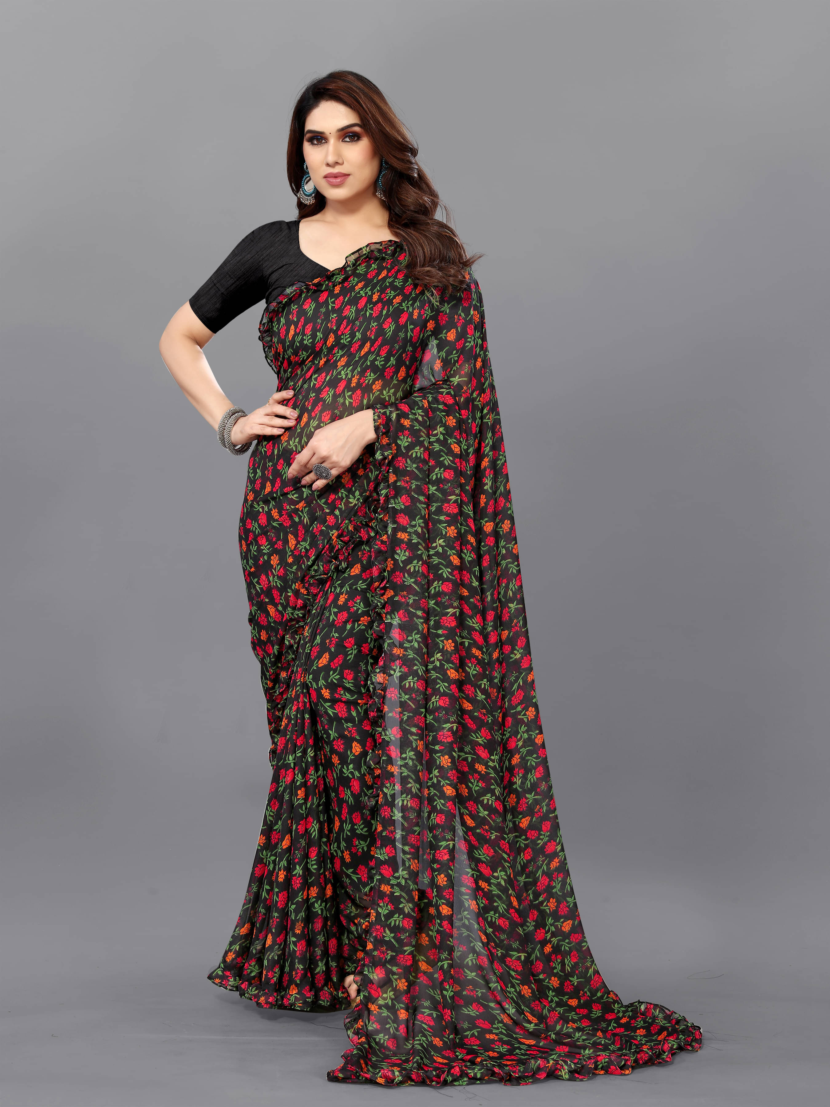     			SARIK  FASHION Chiffon Printed Saree With Unstitched Blouse Piece ( Black )