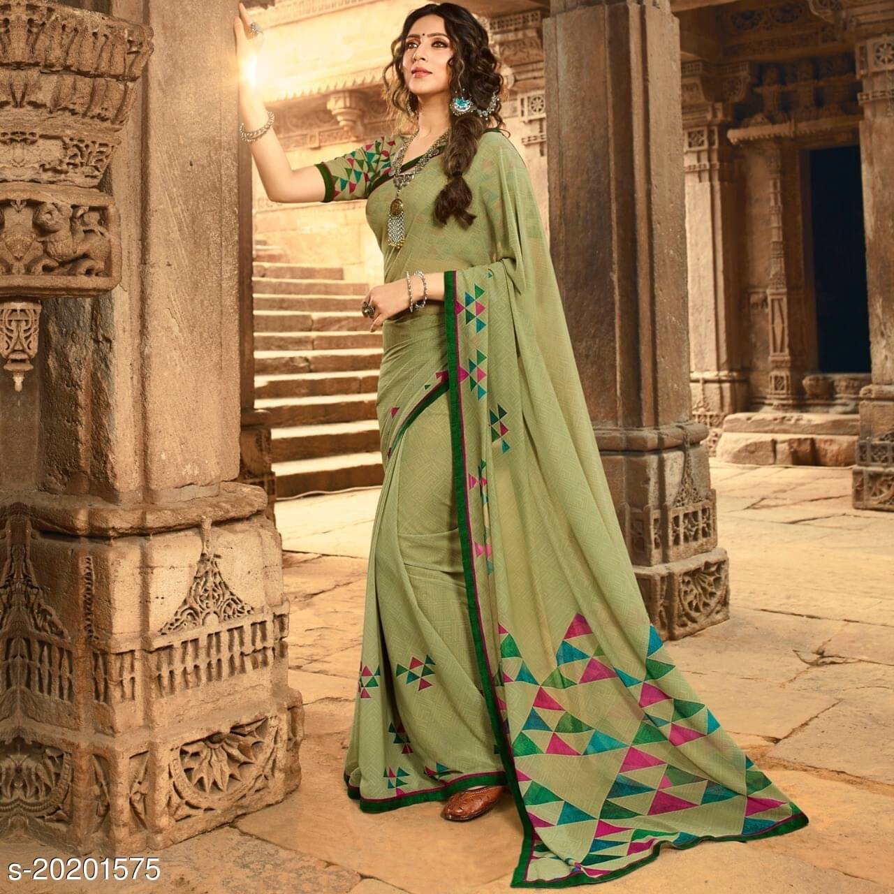     			SARIK  FASHION Georgette Printed Saree With Unstitched Blouse Piece ( Light Green )