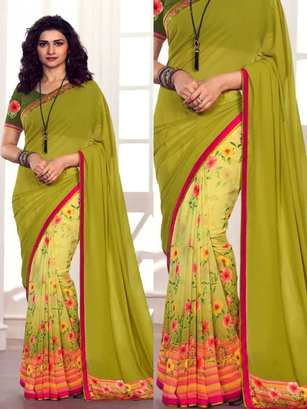 SARIK  FASHION Georgette Printed Saree With Unstitched Blouse Piece ( Light Green ) - Sarees | Buy online on ZillyBuy