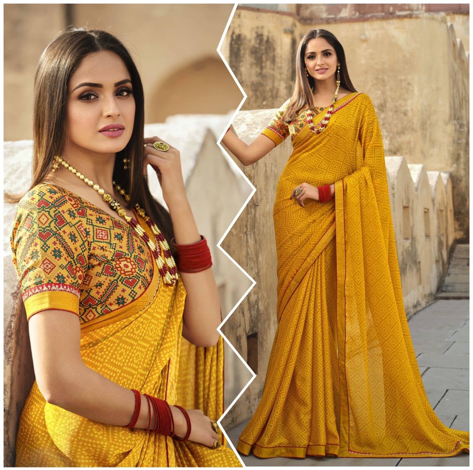 SARIK  FASHION Georgette Printed Saree With Unstitched Blouse Piece ( Yellow ) - Sarees | Buy online on ZillyBuy