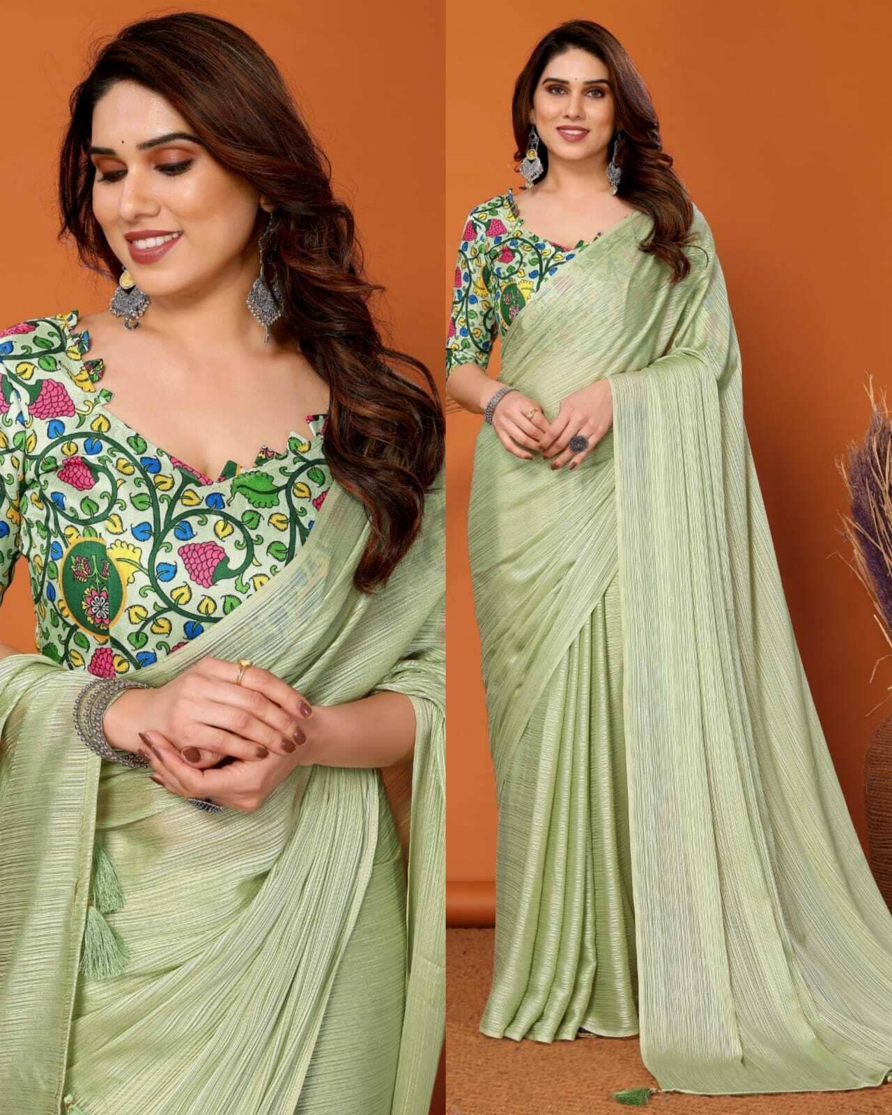 SARIK  FASHION Silk Striped Saree With Unstitched Blouse Piece ( Light Green ) - Sarees | Buy online on ZillyBuy