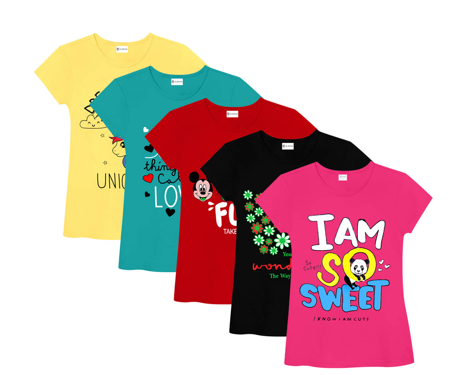 SILVER FANG Pack of 5 Baby Girls Cotton T-Shirt ( Multicolor )
