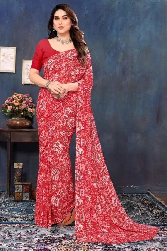 Saadhvi Georgette Printed Saree With Unstitched Blouse Piece ( Red ) Saadhvi Georgette Printed Saree With Unstitched Blouse Piece ( Red )