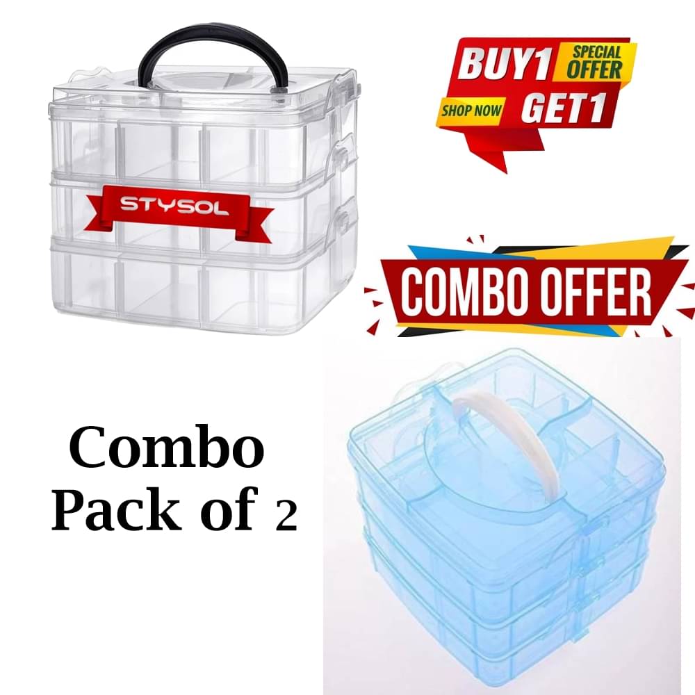 Stysol Combo Pack of 2 Buy 1 Get 1 Free Transparent Plastic 3 Layer 18 Grid Sections Adjustable Compartment Slot Art Craft Storage Organizer Box for Cosmetic Jewellery Craft Accessories Sewing Box Earrings Ring Box (White) Stysol Combo Pack of 2 Buy 1 Get 1 Free Transparent Plastic 3 Layer 18 Grid Sections Adjustable Compartment Slot Art Craft Storage Organizer Box for Cosmetic Jewellery Craft Accessories Sewing Box Earrings Ring Box (White)