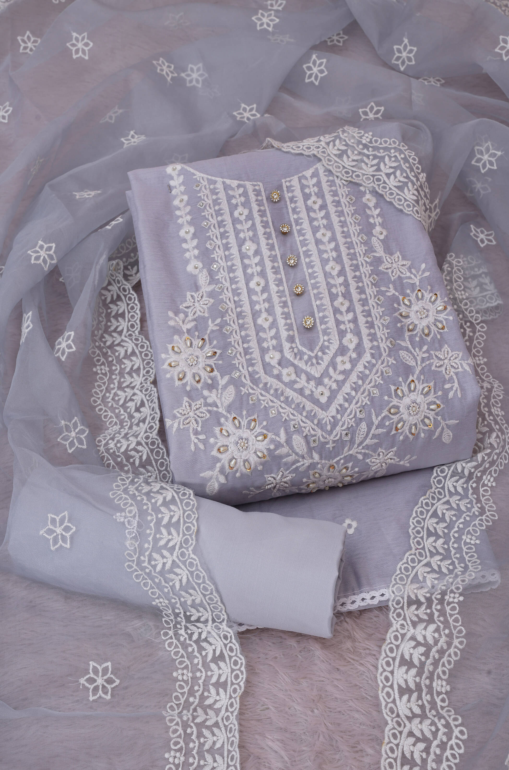     			tavas Unstitched Chanderi Embroidered Dress Material - Grey ( Pack of 1 )