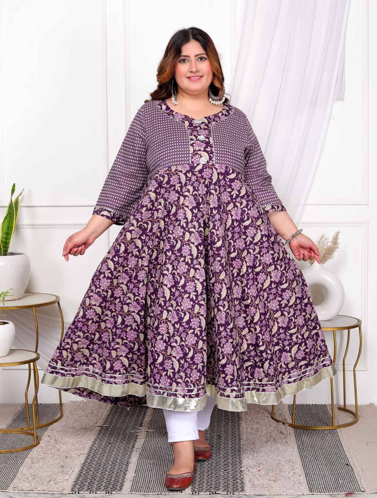 Angiya Pack of 1 Cotton Printed Anarkali Women's Kurti - ( Purple ) Angiya Pack of 1 Cotton Printed Anarkali Women's Kurti - ( Purple )