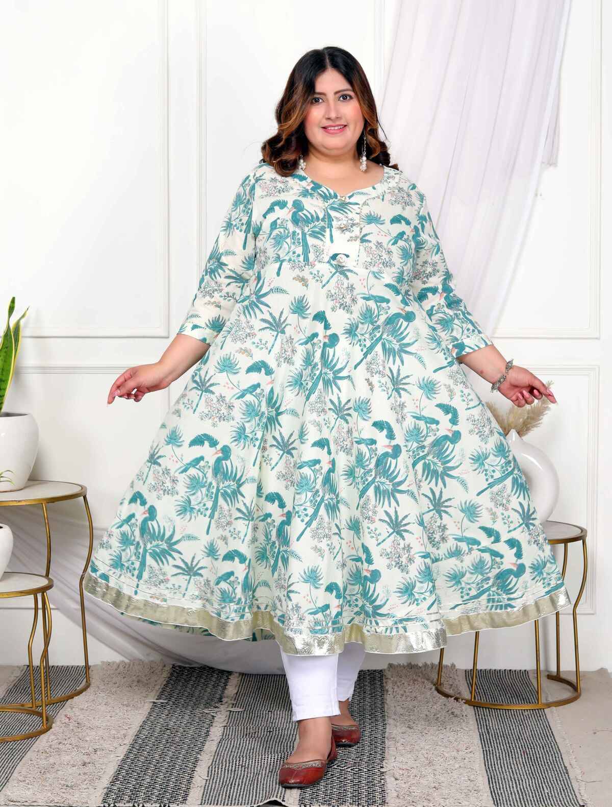 Angiya Pack of 1 Cotton Printed Anarkali Women's Kurti - ( Light Green ) Angiya Pack of 1 Cotton Printed Anarkali Women's Kurti - ( Light Green )