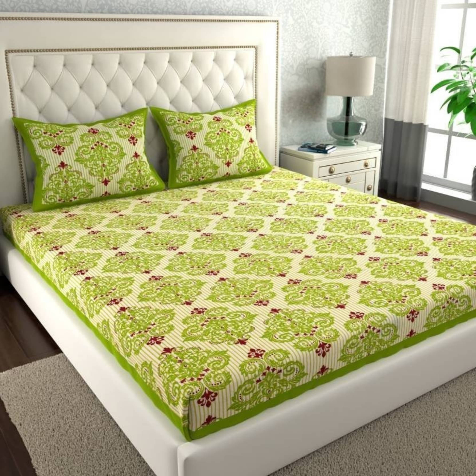     			COZYKO Cotton 1 Double Bedsheet with 2 Pillow Covers ( Mint Green )