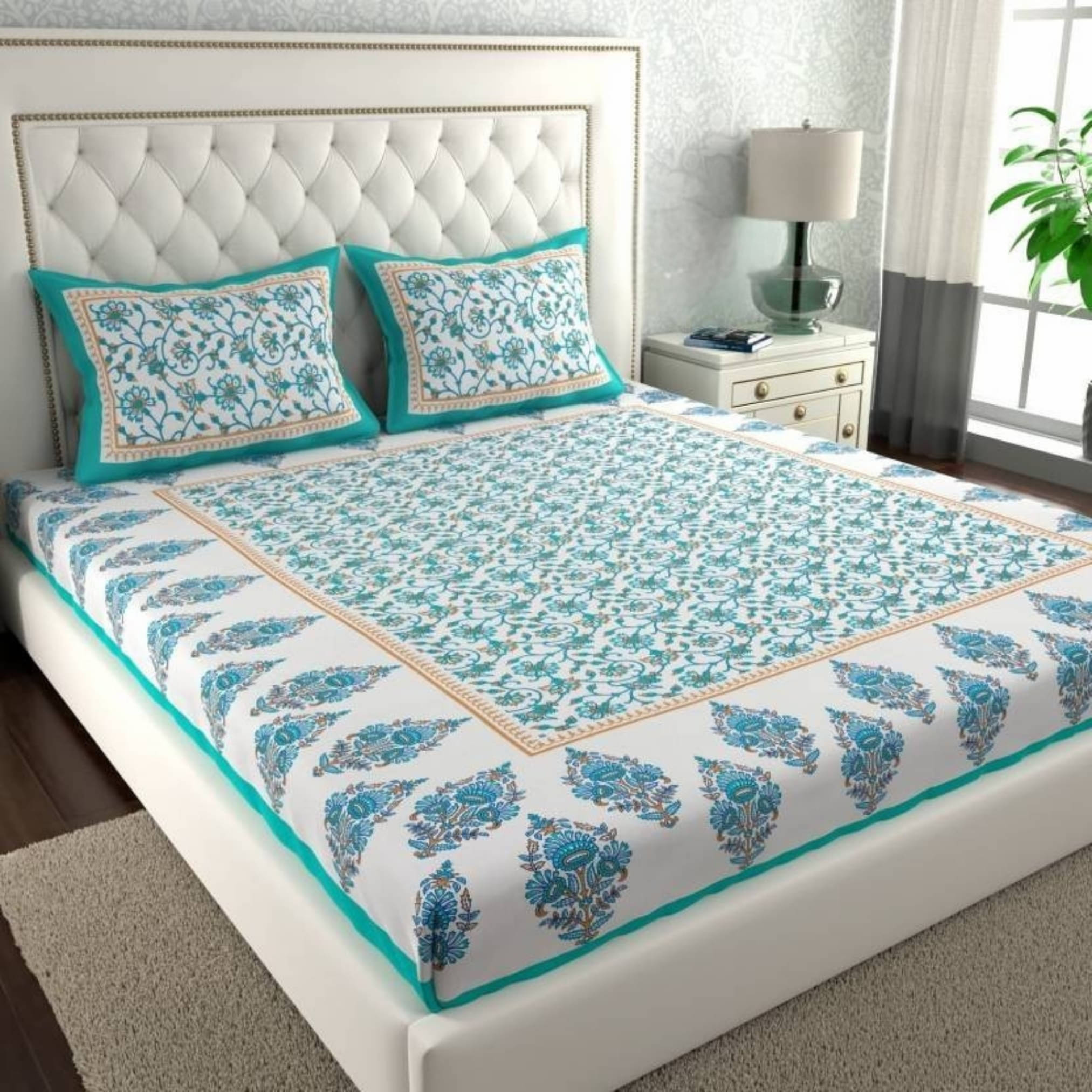     			COZYKO Cotton 1 Double Bedsheet with 2 Pillow Covers ( Sea Green )