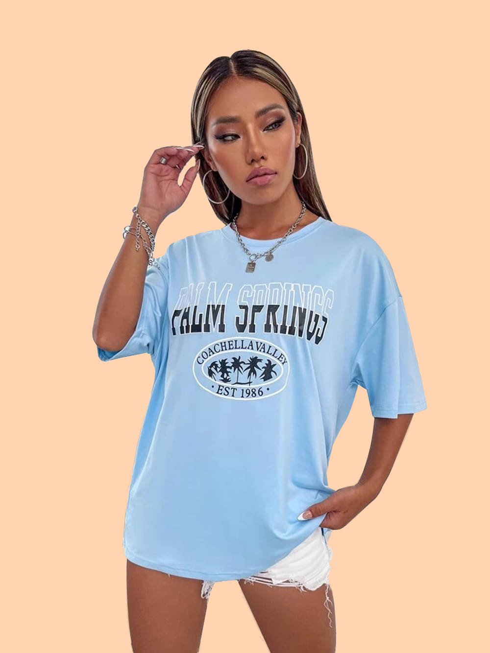     			Christy World Women Cotton Printed Oversized Fit Round Neck T-Shirt ( Light Blue )