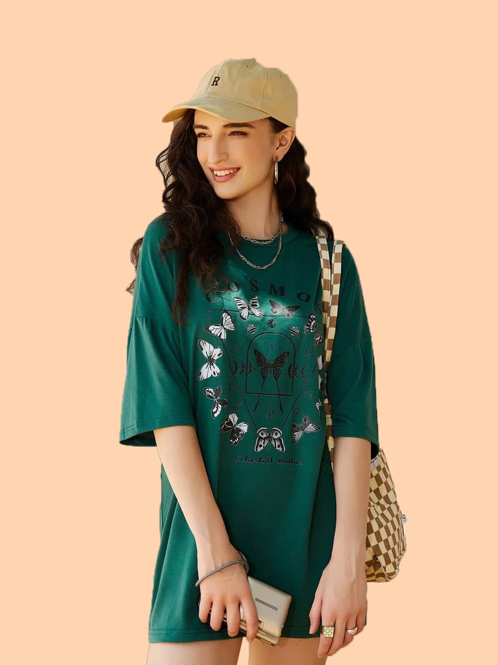 Christy World Women Cotton Printed Oversized Fit Round Neck T-Shirt ( Green )