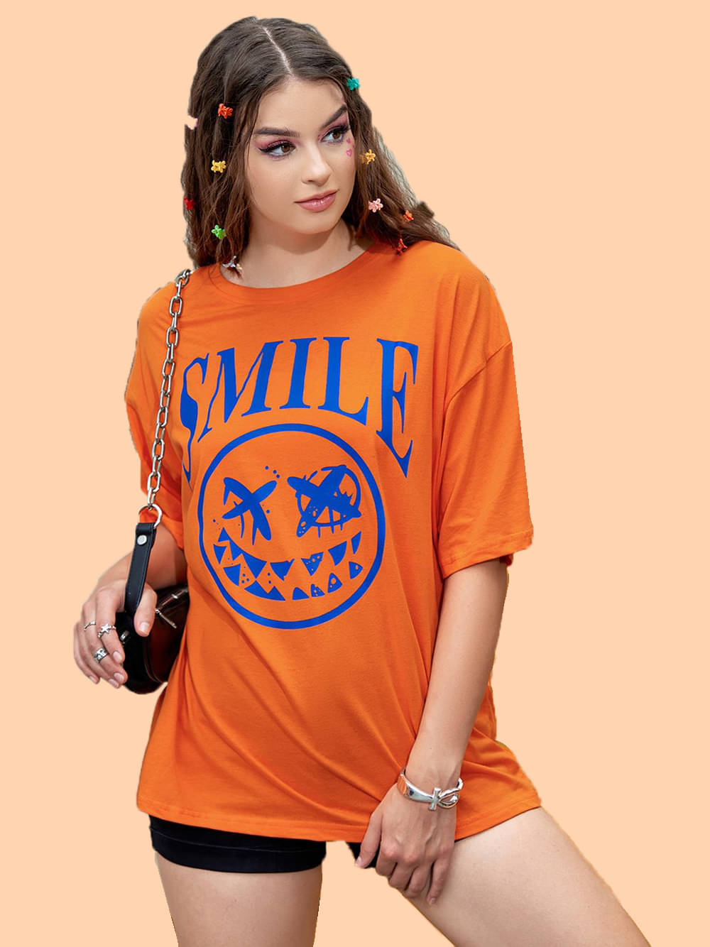    			Christy World Women Cotton Printed Oversized Fit Round Neck T-Shirt ( Orange )