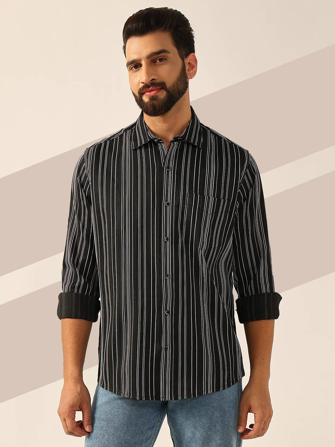 ENSPYR 100% Cotton Regular Fit Striped Full Sleeves Men's Casual Shirt - Black ( Pack of 1 ) ENSPYR 100% Cotton Regular Fit Striped Full Sleeves Men's Casual Shirt - Black ( Pack of 1 )