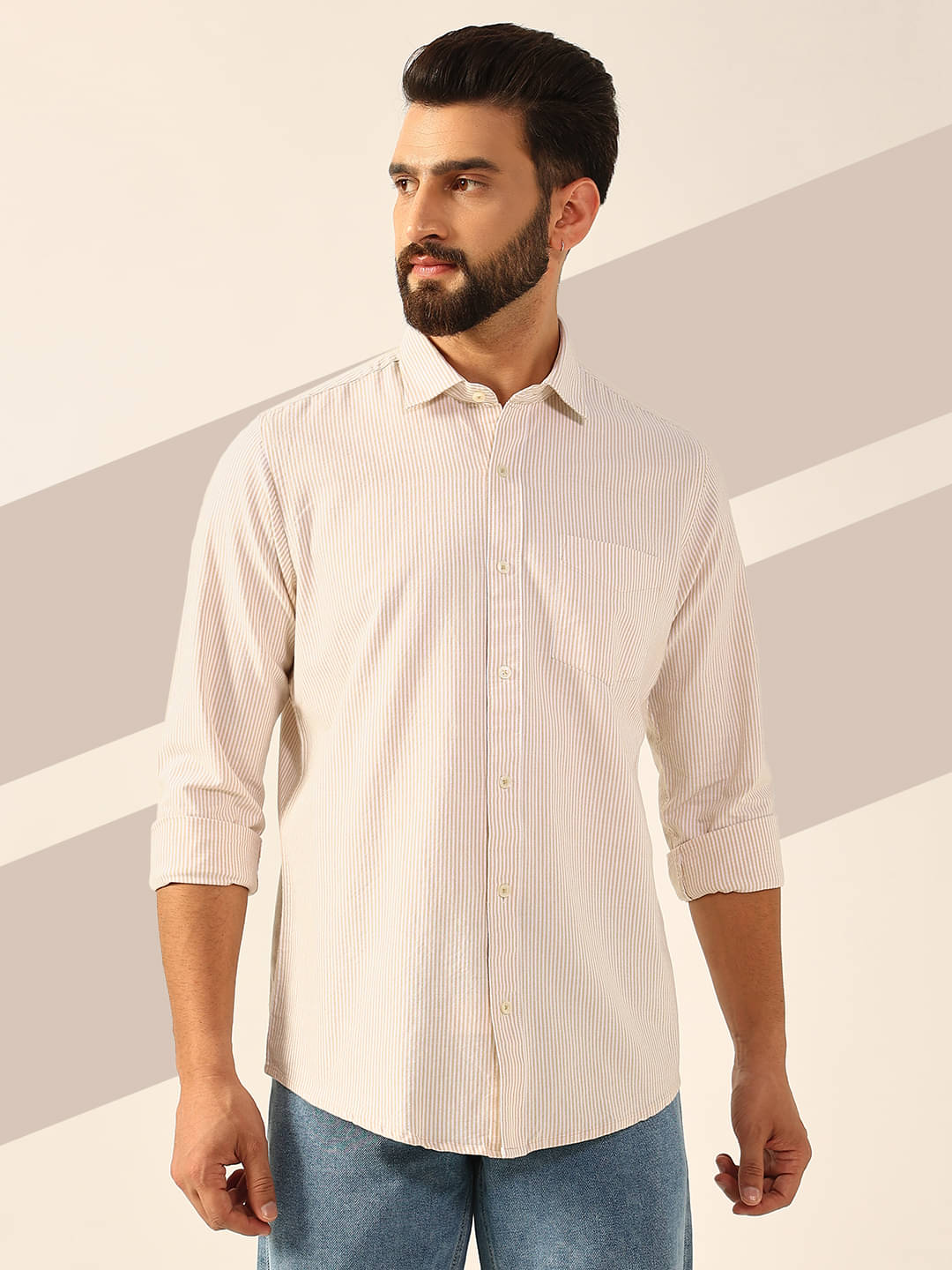     			ENSPYR 100% Cotton Regular Fit Striped Full Sleeves Men's Casual Shirt - Beige ( Pack of 1 )