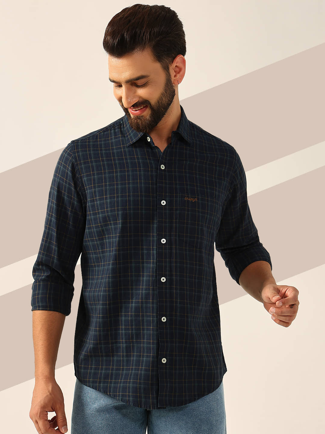 ENSPYR 100% Cotton Regular Fit Checks Full Sleeves Men's Casual Shirt - Navy Blue ( Pack of 1 )