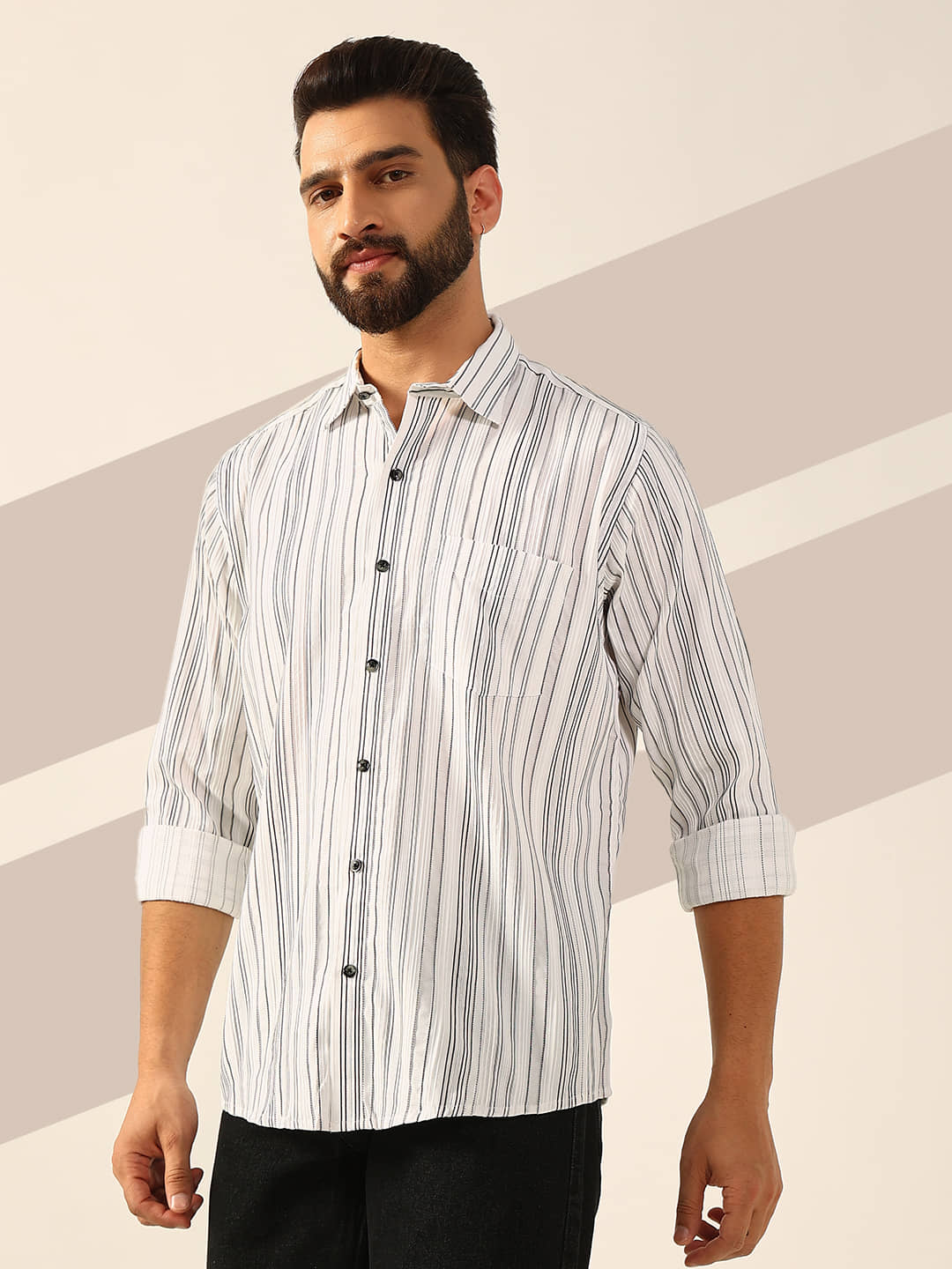 ENSPYR 100% Cotton Regular Fit Striped Full Sleeves Men's Casual Shirt - White ( Pack of 1 )