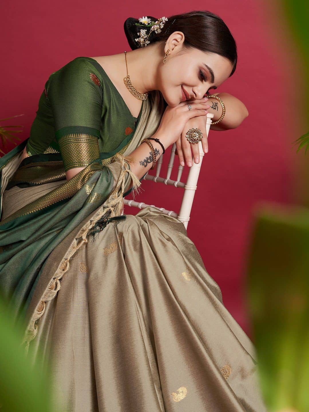 FAB SILK Cotton Silk Embellished Saree With Unstitched Blouse Piece ( Beige ) - Sarees | Buy online on ZillyBuy