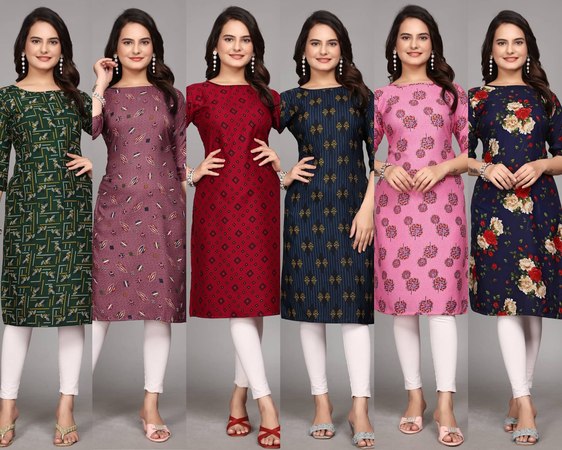 KALAVRITTA Pack of 6 Crepe Printed Straight Women's Kurti - ( Multicolor1 )     			KALAVRITTA Pack of 6 Crepe Printed Straight Women's Kurti - ( Multicolor1 )