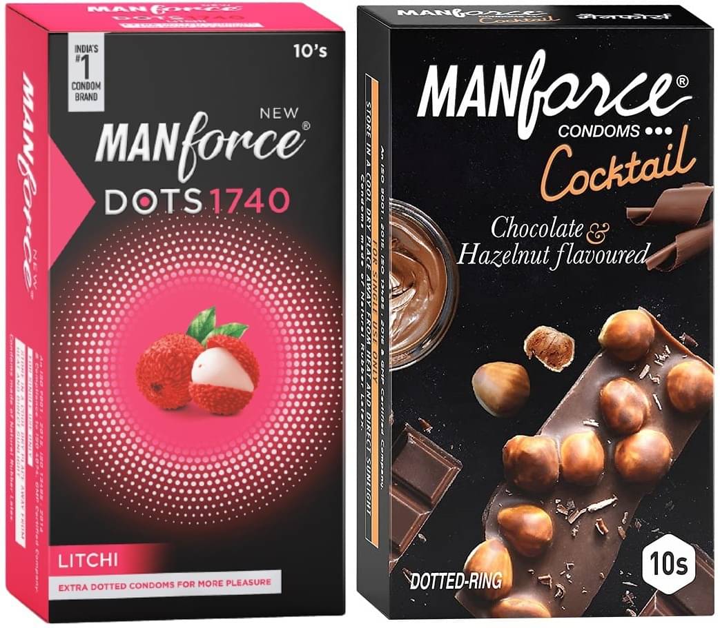     			MANFORCE Extra Dotted Litchi Flavoured Condoms - 10 Pieces & Cocktail Condoms with Dotted-Rings Hazelnut & Chocolate Flavoured- 10 Pieces Condom (Set of 2 20 Sheets)