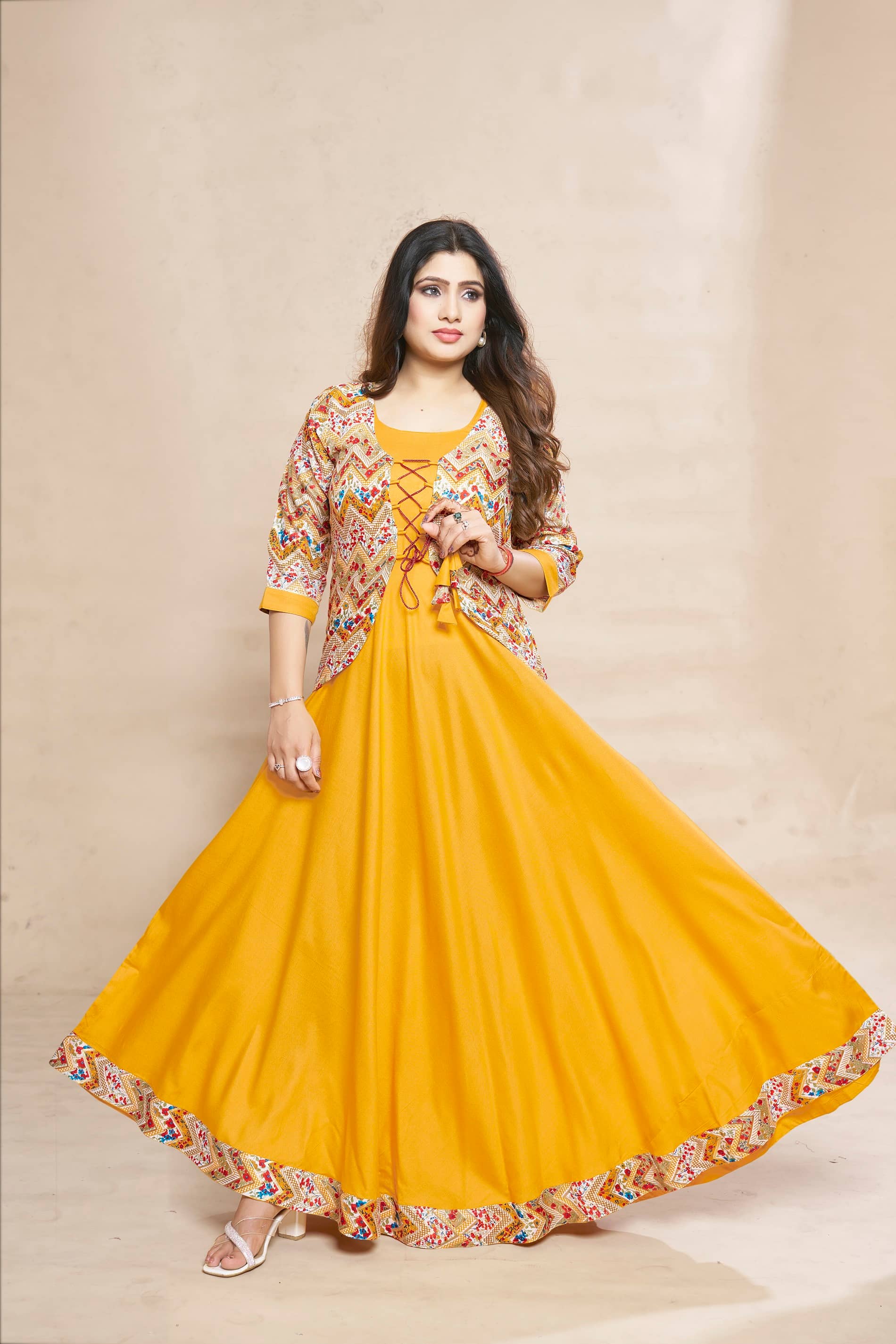 MEESORRA Pack of 1 Viscose Rayon Printed Anarkali Women's Kurti - ( Yellow ) - Kurtis, Tunics | Buy online on ZillyBuy