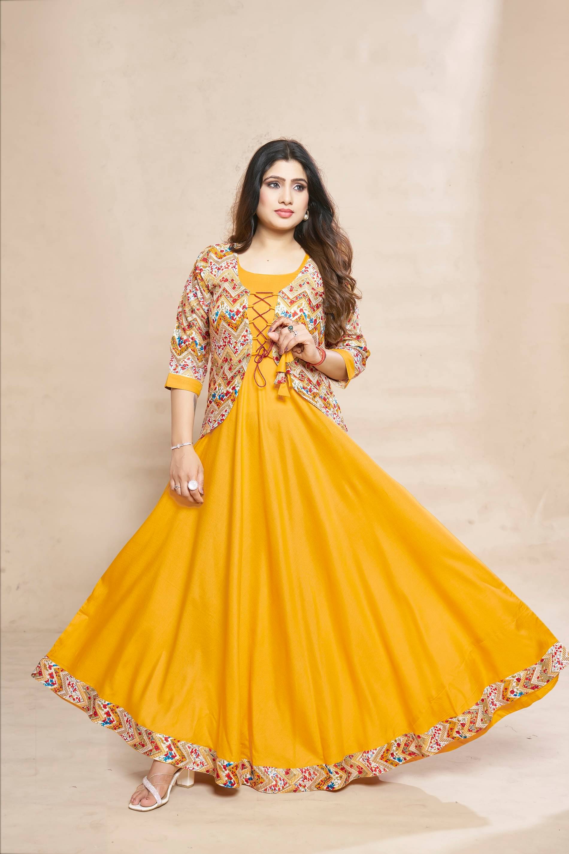     			MEESORRA Pack of 1 Viscose Rayon Printed Anarkali Women's Kurti - ( Yellow )