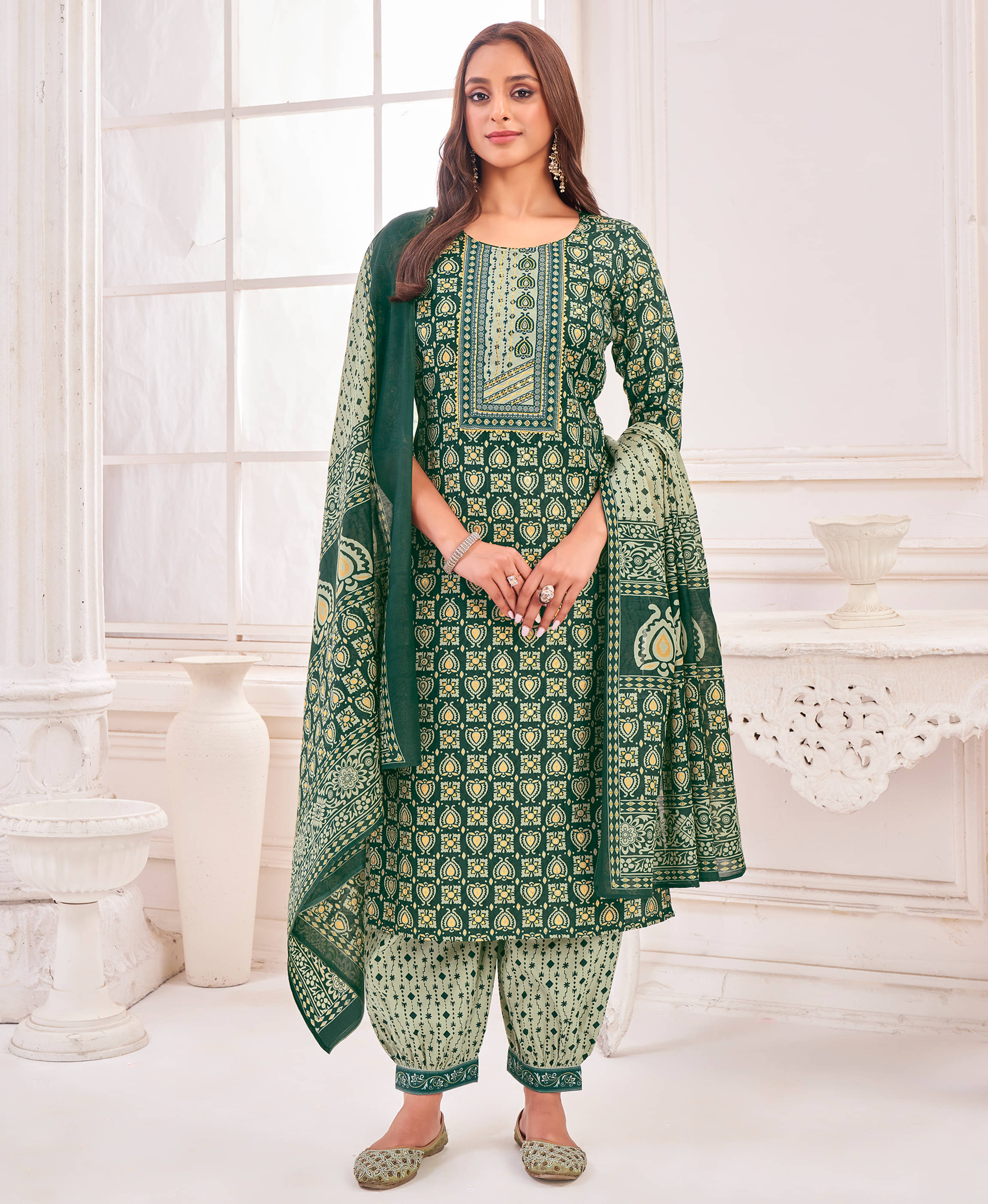     			MOJILAA Cotton Blend Printed Kurti With Salwar Women's Stitched Salwar Suit - Green ( Pack of 1 )