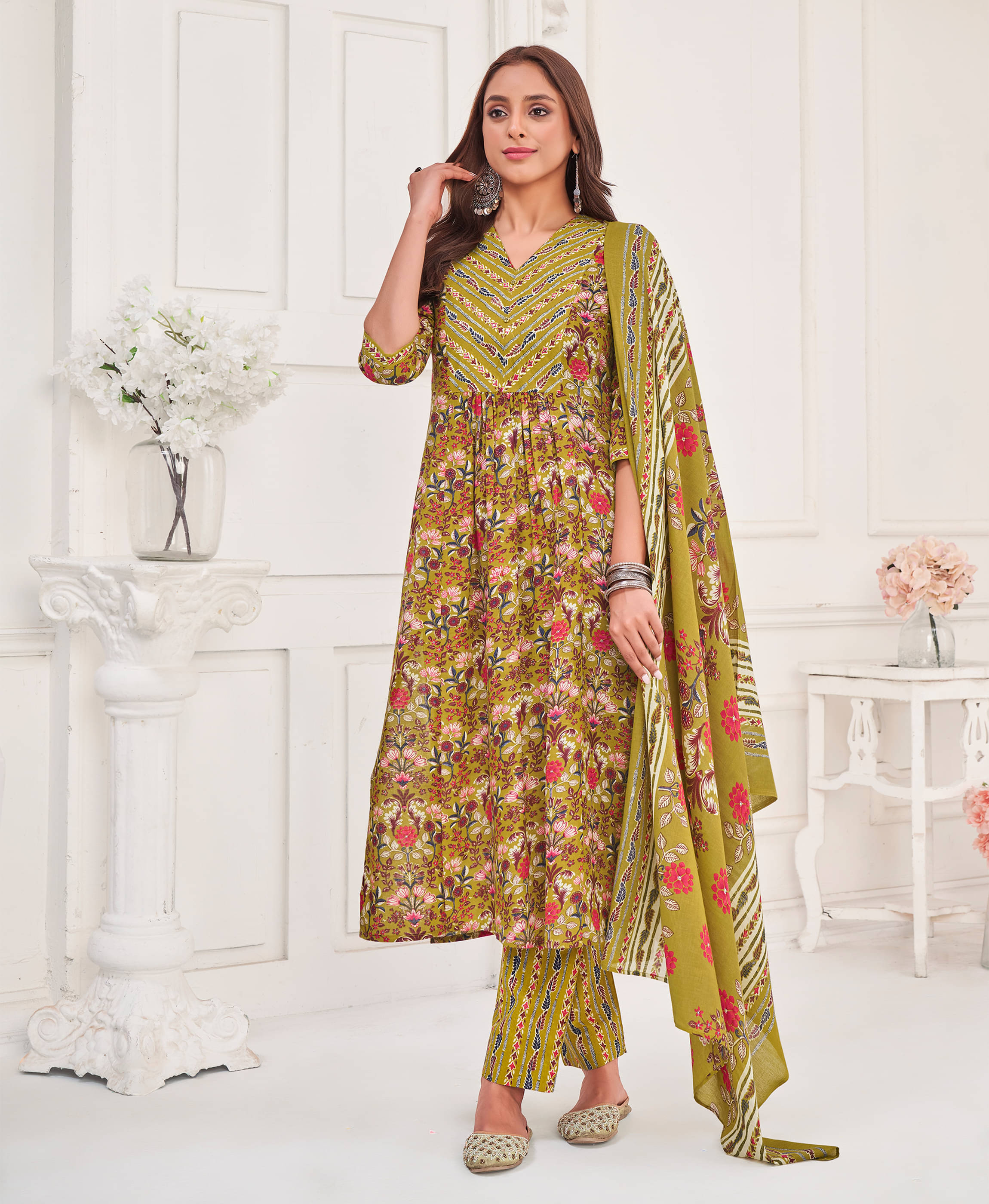     			MOJILAA Cotton Blend Printed Kurti With Pants Women's Stitched Salwar Suit - Olive ( Pack of 1 )