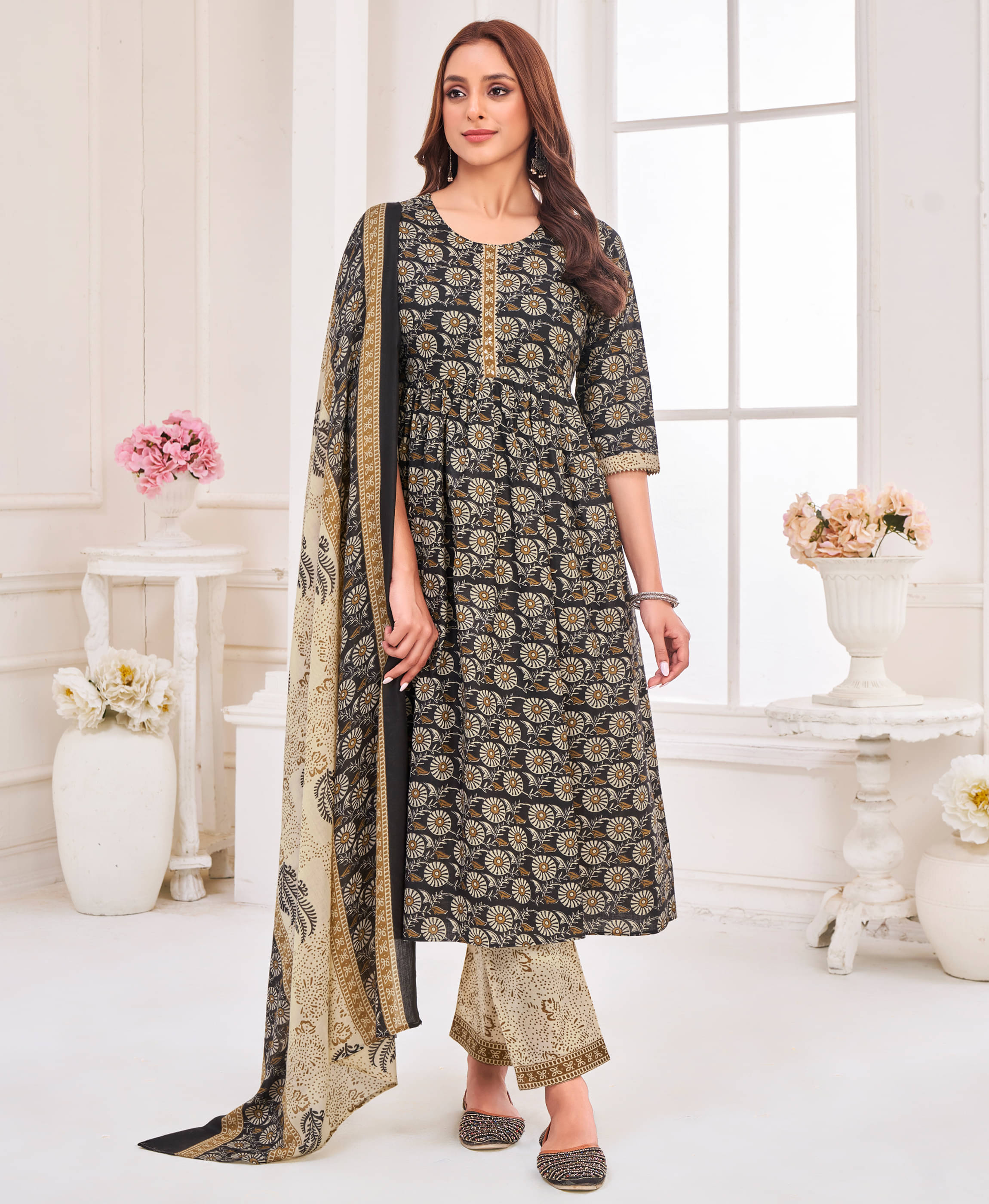     			MOJILAA Cotton Blend Printed Kurti With Pants Women's Stitched Salwar Suit - Black ( Pack of 1 )