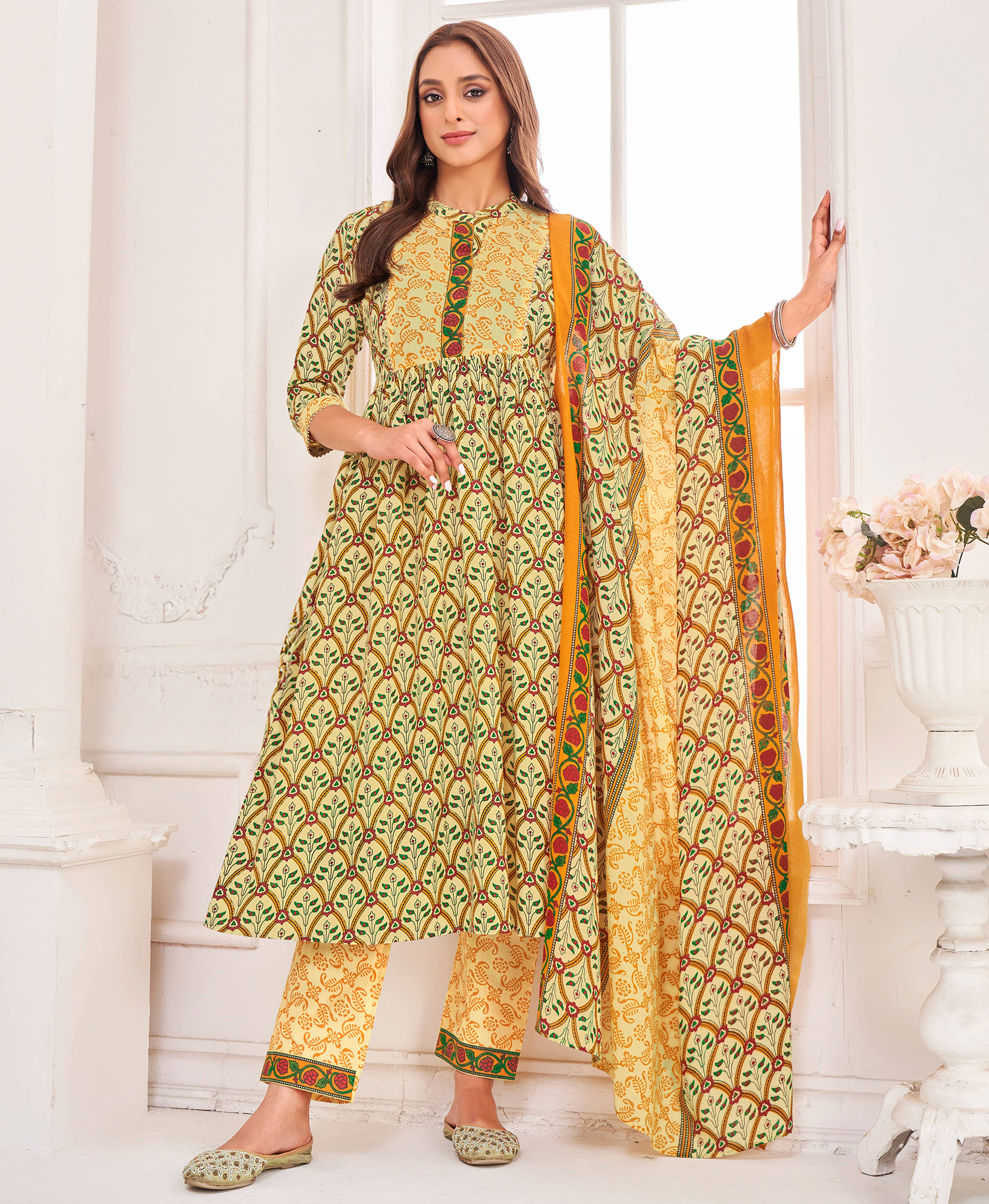 MOJILAA Cotton Blend Printed Kurti With Pants Women's Stitched Salwar Suit - Yellow ( Pack of 1 )     			MOJILAA Cotton Blend Printed Kurti With Pants Women's Stitched Salwar Suit - Yellow ( Pack of 1 )