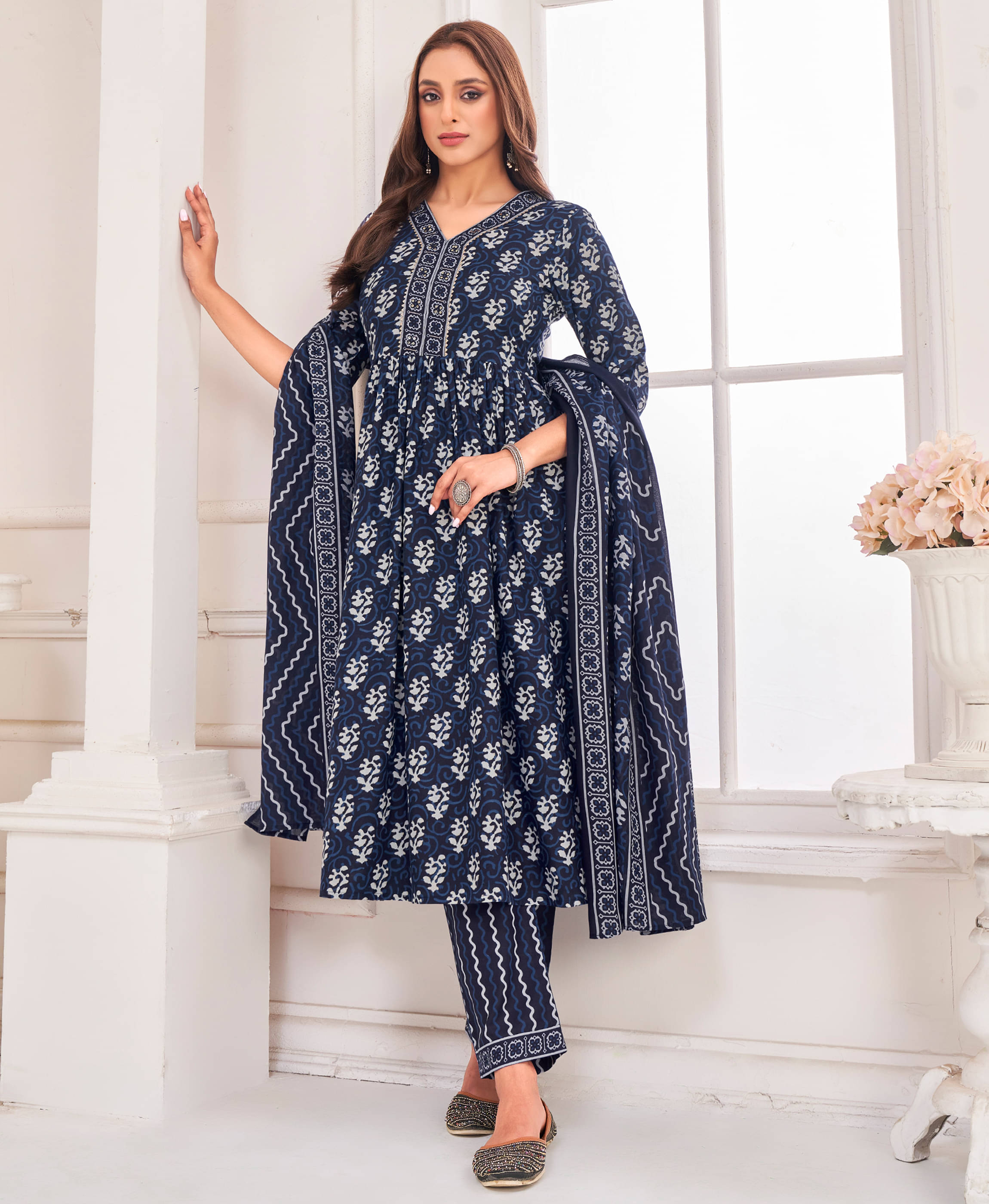     			MOJILAA Cotton Blend Printed Kurti With Pants Women's Stitched Salwar Suit - Indigo ( Pack of 1 )