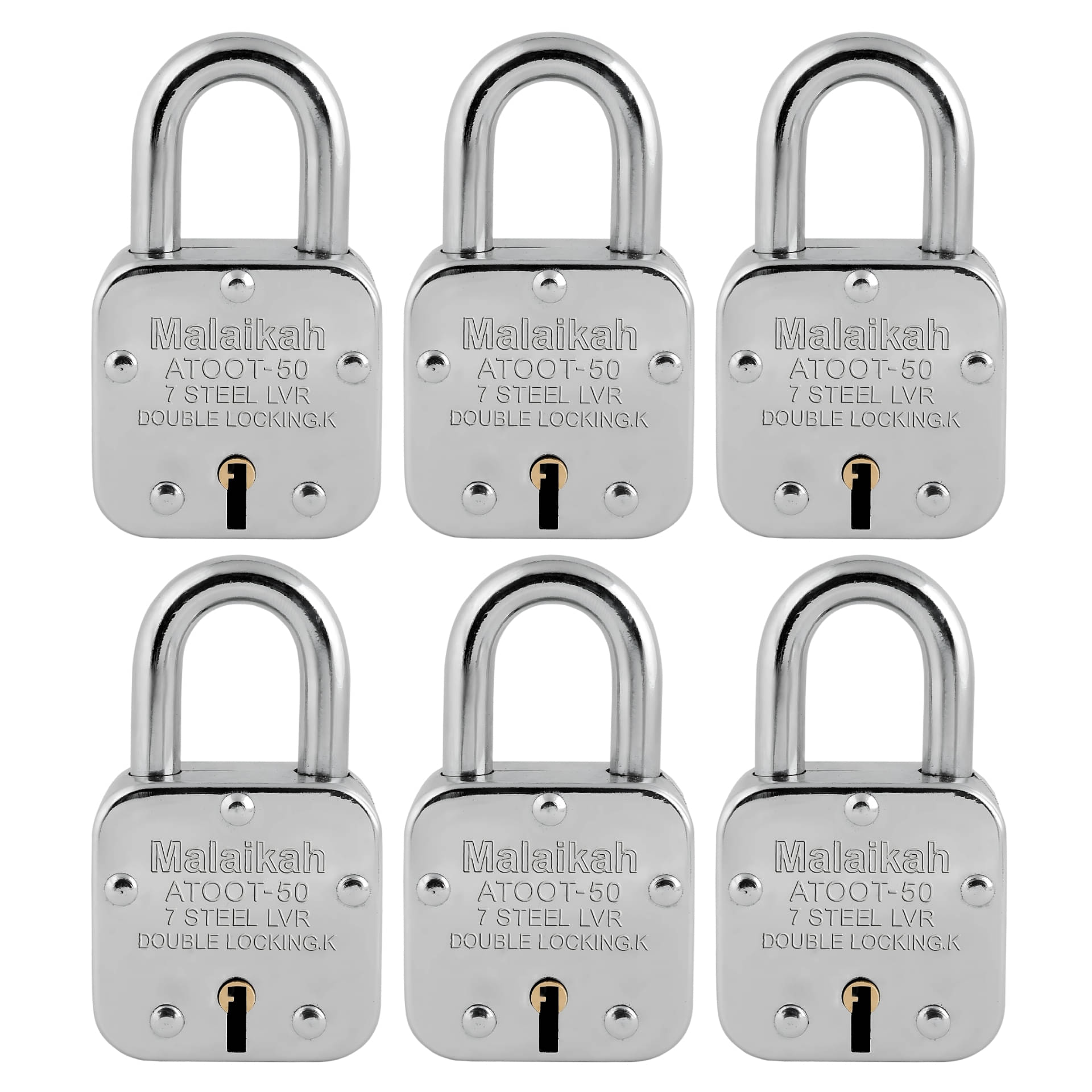     			Malaikah 50 mm With 3 Keys Padlock, Atoot 50mm Double Locking 8 Lever Square Lock Pack Of 6, Ideal for Gate, Shutter and Shop, Ideal for Gate, Shutter and Shop Made in Aligarh, India