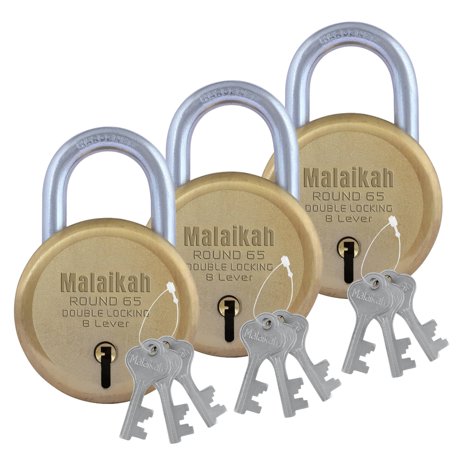 Malaikah Gold 65 mm Padlock Double Locking 8 Lever With 3 Keys, Ideal for Gate, Shutter and Shop, Ideal for Gate, Shutter and Shop Made in Aligarh, India, Pack of 3 Malaikah Gold 65 mm Padlock Double Locking 8 Lever With 3 Keys, Ideal for Gate, Shutter and Shop, Ideal for Gate, Shutter and Shop Made in Aligarh, India, Pack of 3