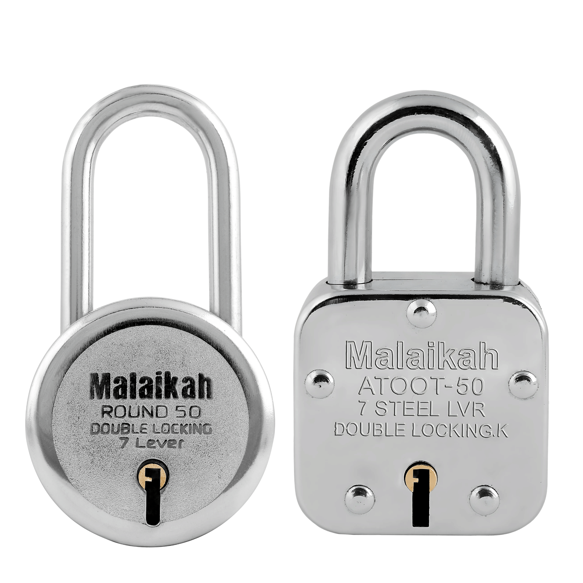     			Malaikah Locks Padlocks Pack Of 2 Round 50mm Long Shackle And Atoot 50mm With Made In Aligarh India Reliable 7-Lever Locking Mechanism For Gates Lockers And Sheds Offering Long-Term Security
