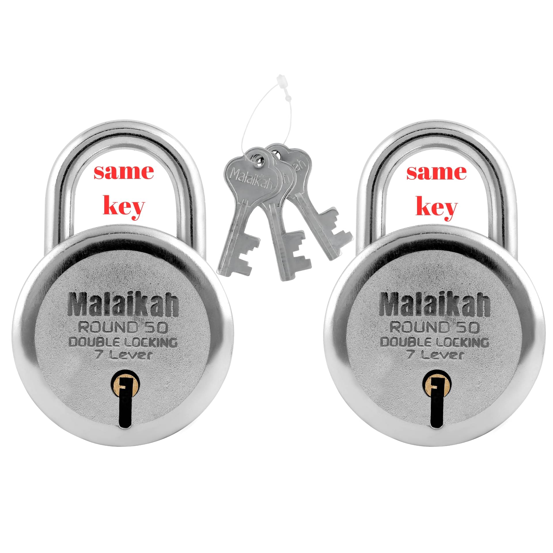 Malaikah Round 50 mm Common Key (Same Key) Padlock, Ideal for Gate, Shutter and Shop, Ideal for Gate, Shutter and Shop Made in Aligarh, India, Pack of 2     			Malaikah Round 50 mm Common Key (Same Key) Padlock, Ideal for Gate, Shutter and Shop, Ideal for Gate, Shutter and Shop Made in Aligarh, India, Pack of 2
