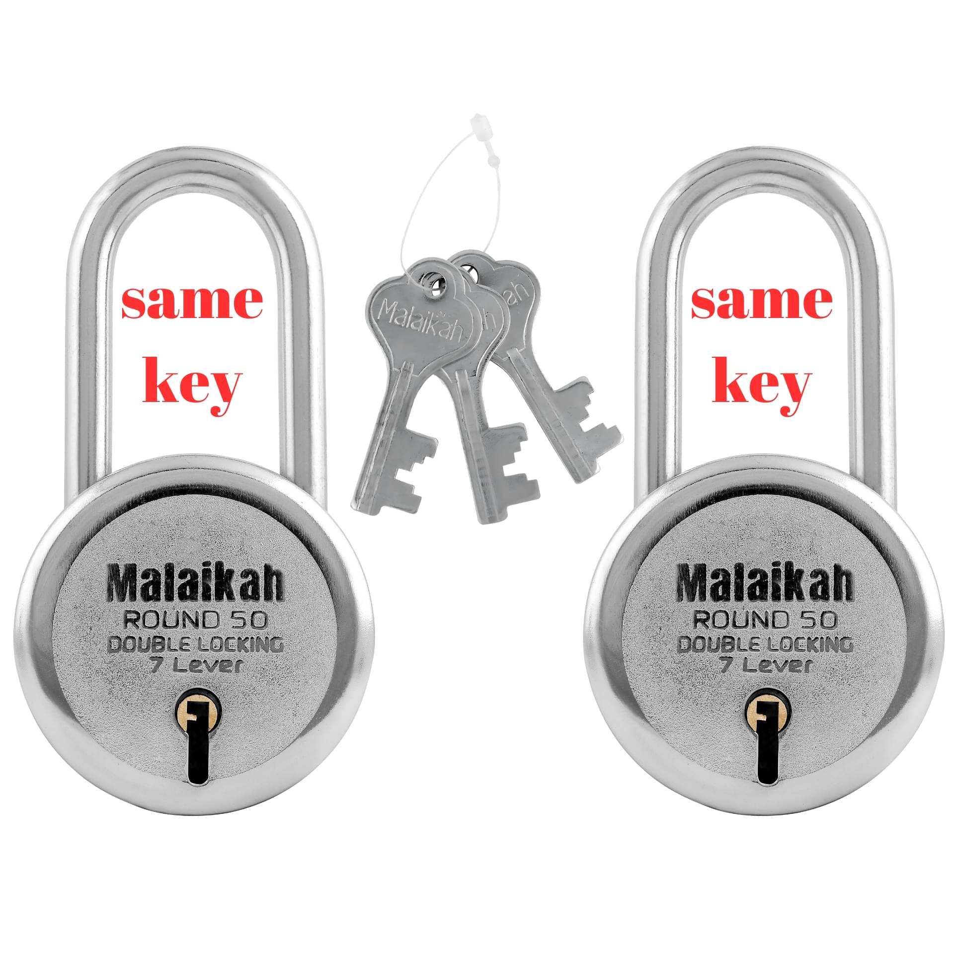 Malaikah Round 50 mm Long Shackle Common Key (Same Key) Padlock, Ideal for Gate, Shutter and Shop, Ideal for Gate, Shutter and Shop Made in Aligarh, India, Pack of 2 Malaikah Round 50 mm Long Shackle Common Key (Same Key) Padlock, Ideal for Gate, Shutter and Shop, Ideal for Gate, Shutter and Shop Made in Aligarh, India, Pack of 2