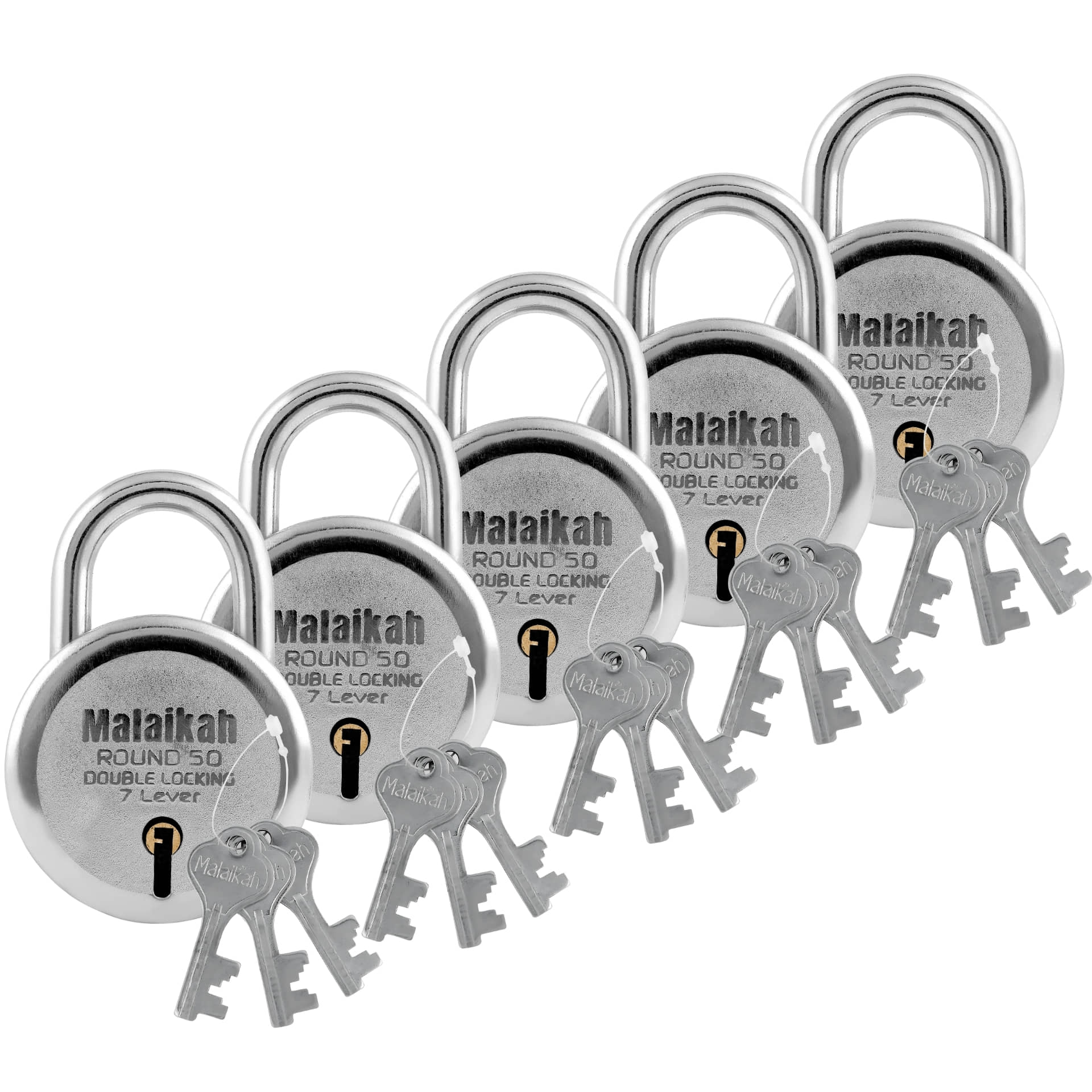 Malaikah Round 50 mm Padlock Double Locking 7 Lever With 3 Keys, Ideal for Gate, Shutter and Shop, Ideal for Gate, Shutter and Shop Made in Aligarh, India, Pack of 5