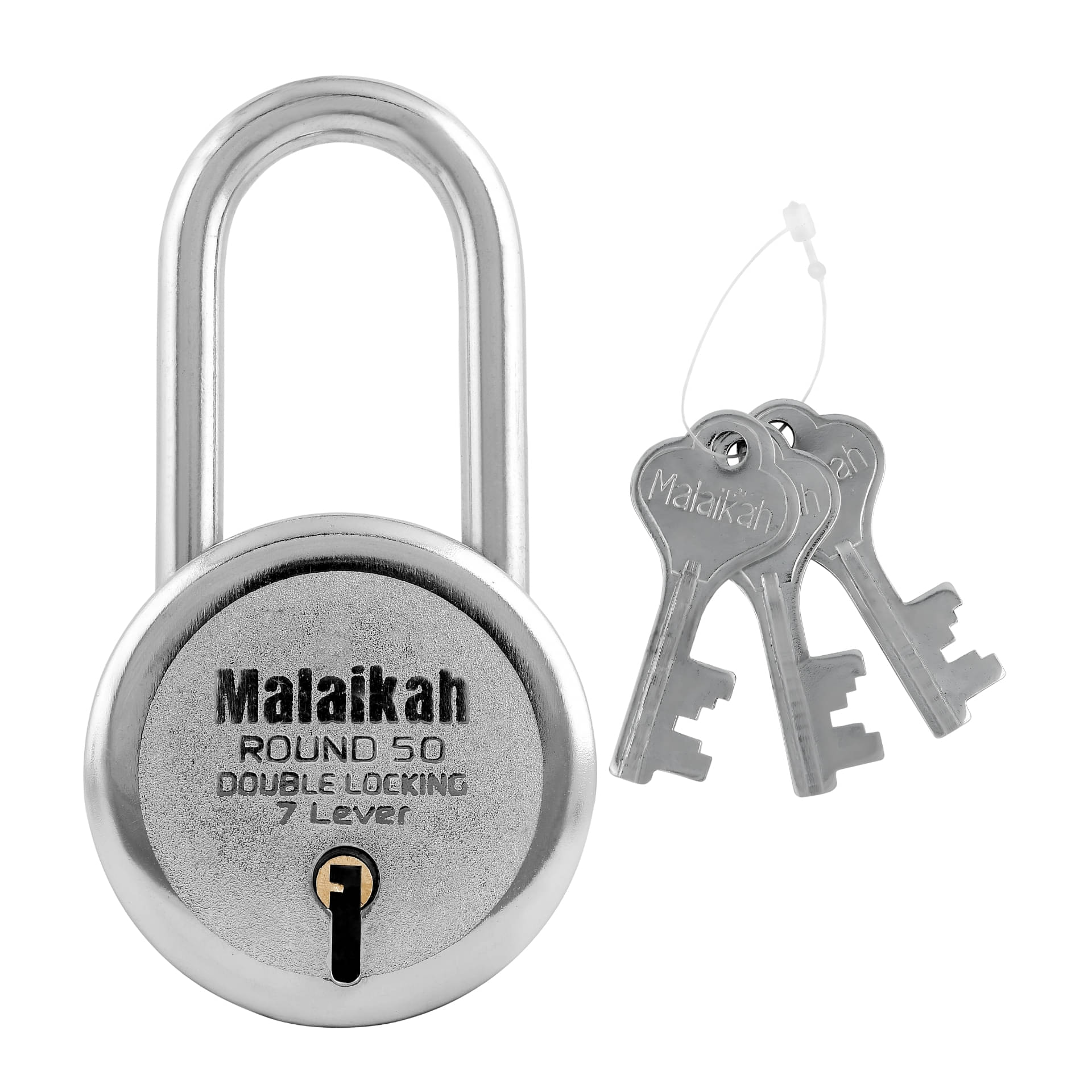     			Malaikah Round 50 mm Padlock Long Shackle Double Locking 7 Lever With 3 Keys, Ideal for Gate, Shutter and Shop, Ideal for Gate, Shutter and Shop Made in Aligarh, India, Pack of 1
