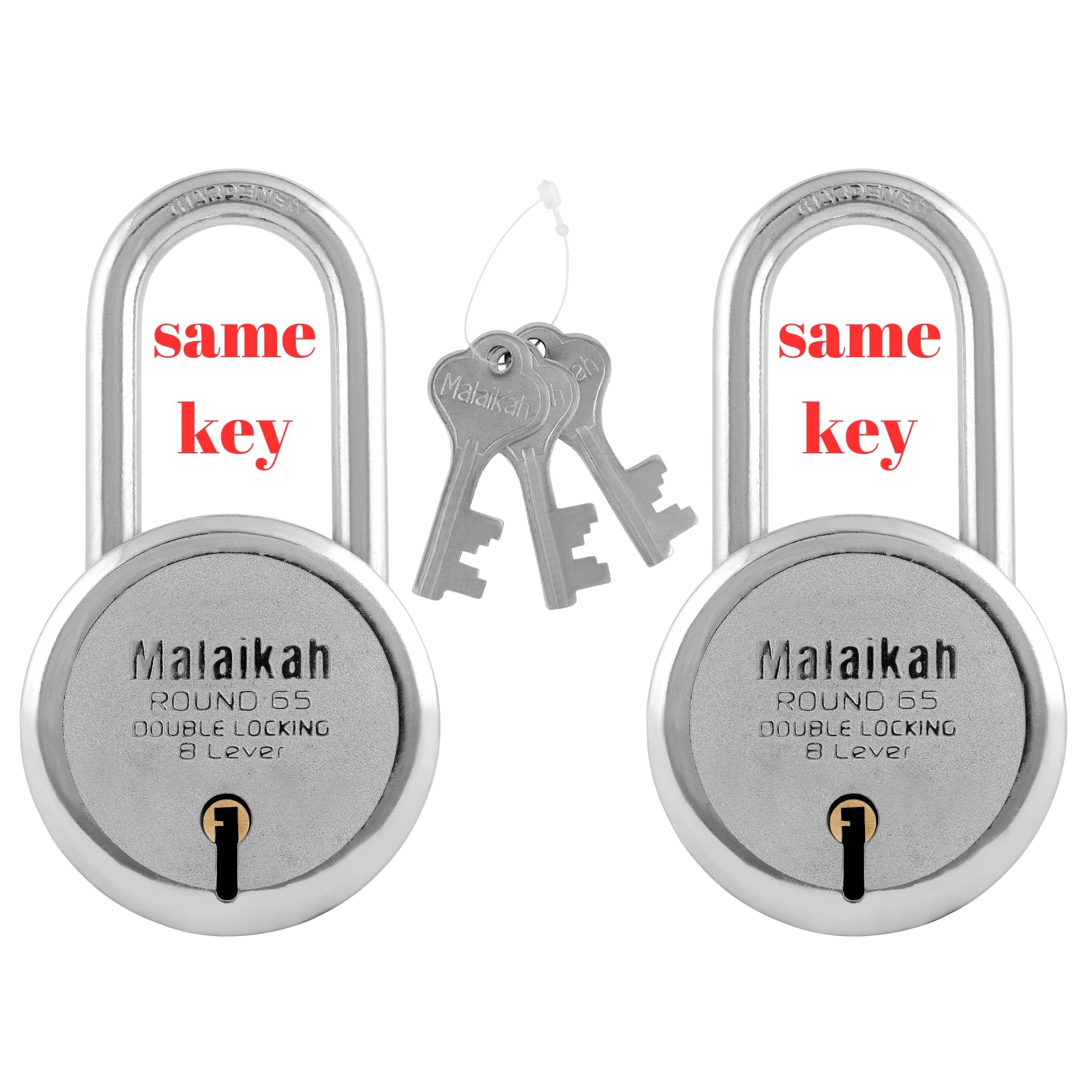     			Malaikah Round 65 mm Long Shackle Common Key (Same Key) Padlock, For Door, Ideal for Gate, Shutter and Shop, Ideal for Gate, Shutter and Shop Made in Aligarh, India, Pack of 2