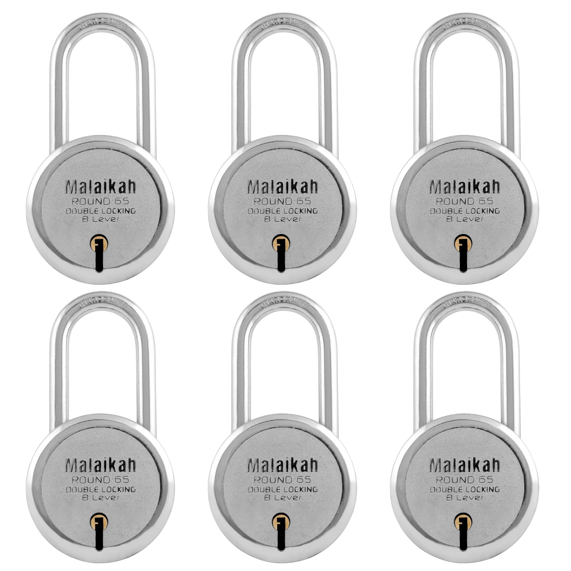 Malaikah Round 65 mm Padlock Long Shackle Double Locking 8 Lever With 3 Keys, Ideal for Gate, Shutter and Shop, Ideal for Gate, Shutter and Shop Made in Aligarh, India, Pack of 6 Malaikah Round 65 mm Padlock Long Shackle Double Locking 8 Lever With 3 Keys, Ideal for Gate, Shutter and Shop, Ideal for Gate, Shutter and Shop Made in Aligarh, India, Pack of 6