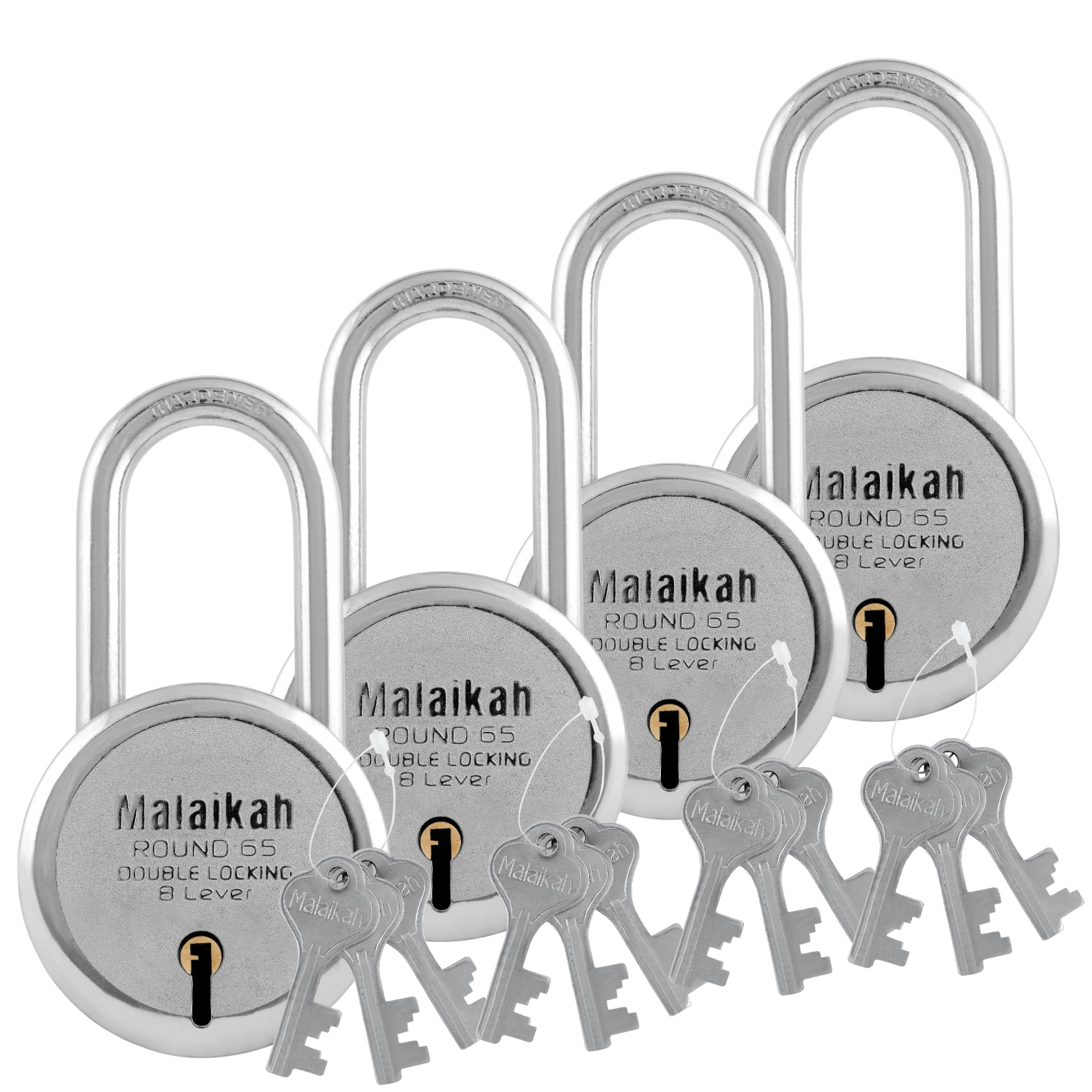 Malaikah Round 65 mm Padlock Long Shackle Double Locking 8 Lever With 3 Keys, Ideal for Gate, Shutter and Shop, Ideal for Gate, Shutter and Shop Made in Aligarh, India, Pack of 4 Malaikah Round 65 mm Padlock Long Shackle Double Locking 8 Lever With 3 Keys, Ideal for Gate, Shutter and Shop, Ideal for Gate, Shutter and Shop Made in Aligarh, India, Pack of 4