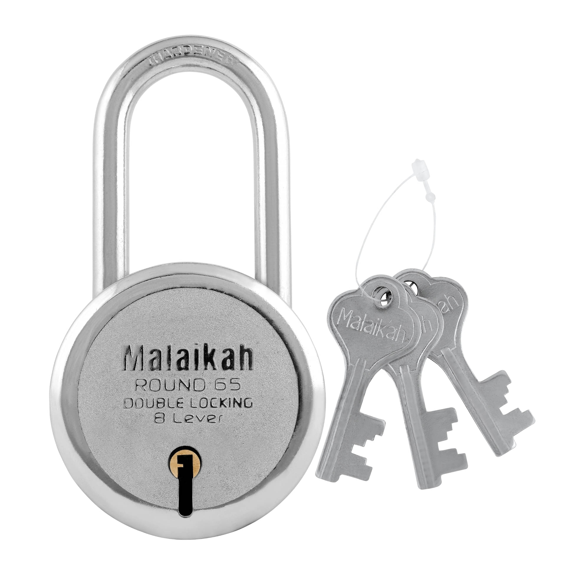    			Malaikah Round 65 mm Padlock Long Shackle Double Locking 8 Lever With 3 Keys, Ideal for Gate, Shutter and Shop, Ideal for Gate, Shutter and Shop Made in Aligarh, India, Pack of 1