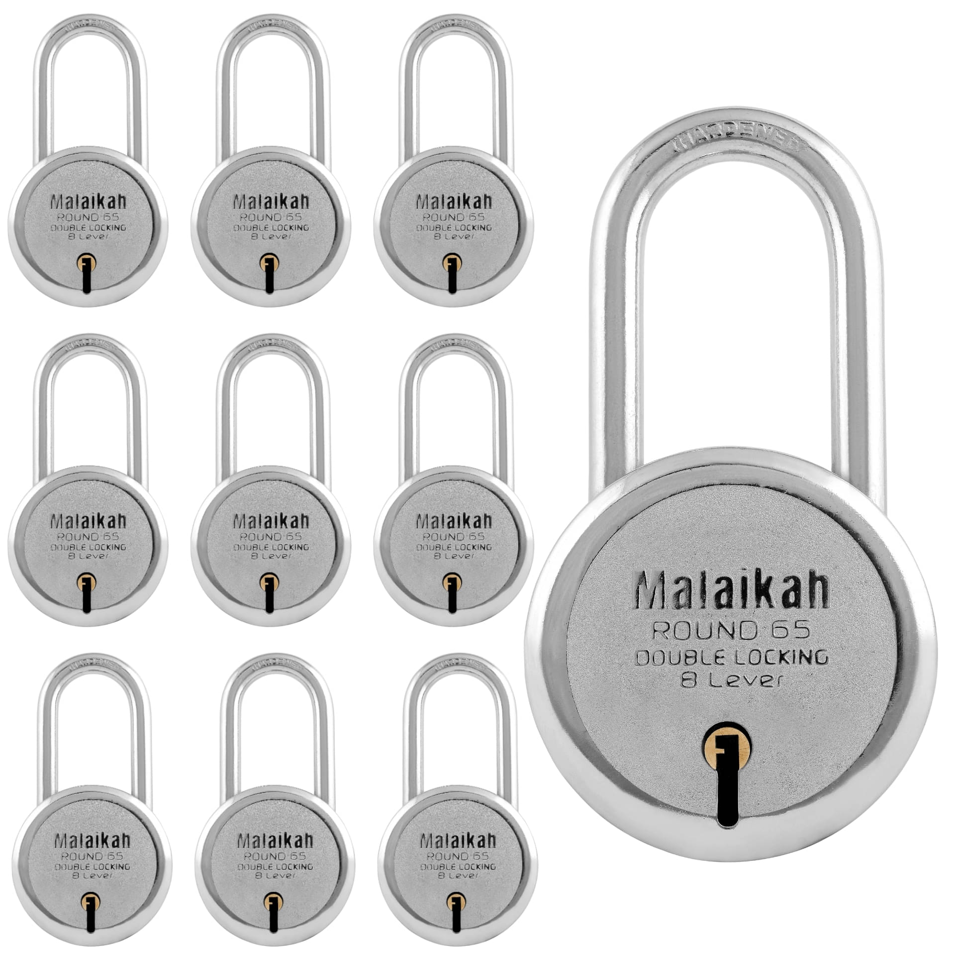 Malaikah Round 65 mm Padlock Long Shackle Double Locking 8 Lever With 3 Keys, Ideal for Gate, Shutter and Shop, Ideal for Gate, Shutter and Shop Made in Aligarh, India, Pack of 10 Malaikah Round 65 mm Padlock Long Shackle Double Locking 8 Lever With 3 Keys, Ideal for Gate, Shutter and Shop, Ideal for Gate, Shutter and Shop Made in Aligarh, India, Pack of 10
