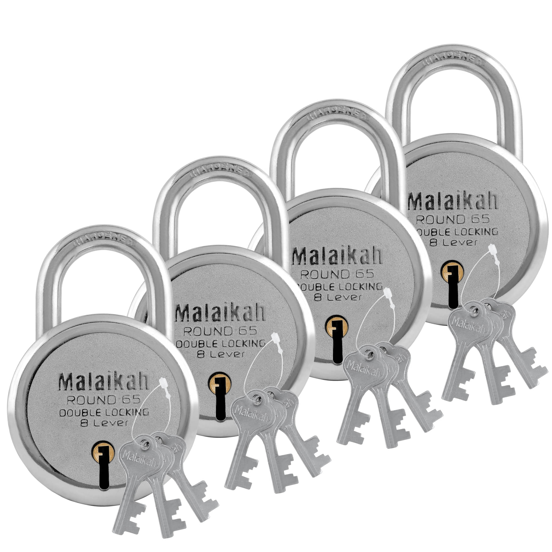     			Malaikah Round 65 mm Padlock Double Locking 8 Lever With 3 Keys, Ideal for Gate, Shutter and Shop, Ideal for Gate, Shutter and Shop Made in Aligarh, India, Pack of 4