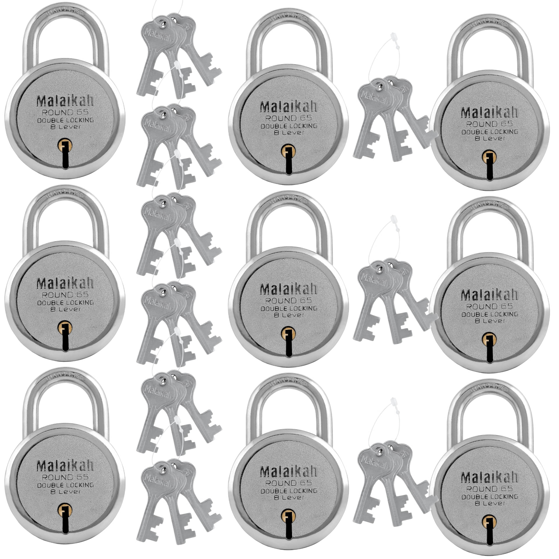 Malaikah Round 65 mm Padlock Double Locking 8 Lever With 3 Keys, Ideal for Gate, Shutter and Shop, Ideal for Gate, Shutter and Shop Made in Aligarh, India, Pack of 9 Malaikah Round 65 mm Padlock Double Locking 8 Lever With 3 Keys, Ideal for Gate, Shutter and Shop, Ideal for Gate, Shutter and Shop Made in Aligarh, India, Pack of 9