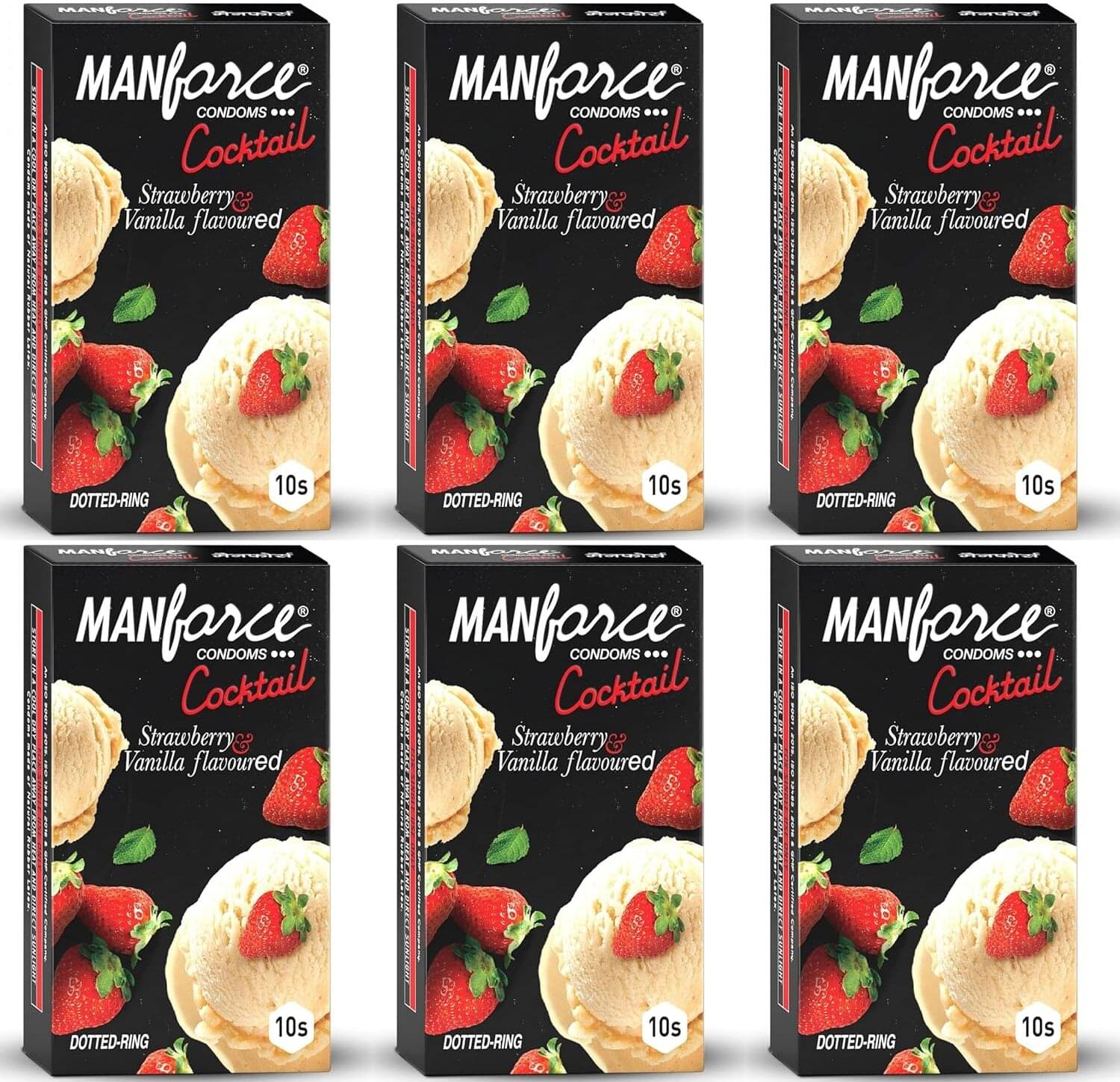     			Manforce Cocktail Strawberry & Vanilla Flavoured Condoms for Men with Dotted Rings| Extra Dotted for Her Extra Stimulation| Lubricated Latex Condoms| 10 pcs x Pack of 6