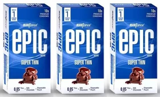 Manforce Epic Desire Super Thin Premium Condoms for Men Silk Chocolate Flavour Disposable Pouch (10 Counts) x pack of 3 Manforce Epic Desire Super Thin Premium Condoms for Men Silk Chocolate Flavour Disposable Pouch (10 Counts) x pack of 3