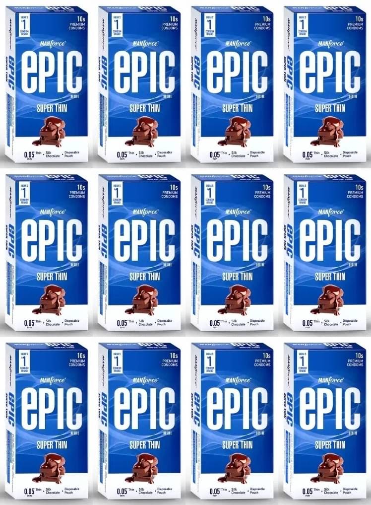 Manforce Epic Desire Super Thin Premium Condoms for Men Silk Chocolate Flavour Disposable Pouch (10 Counts) x pack of 12 Manforce Epic Desire Super Thin Premium Condoms for Men Silk Chocolate Flavour Disposable Pouch (10 Counts) x pack of 12