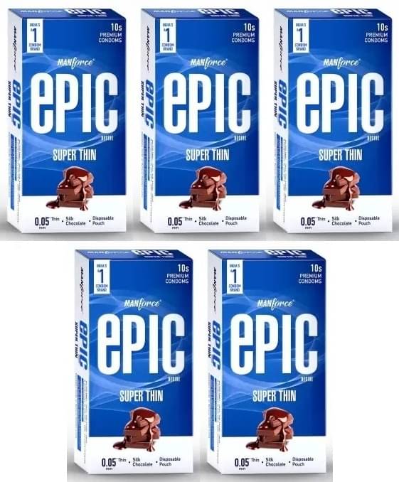     			Manforce Epic Desire Super Thin Premium Condoms for Men Silk Chocolate Flavour Disposable Pouch (10 Counts) x pack of 5
