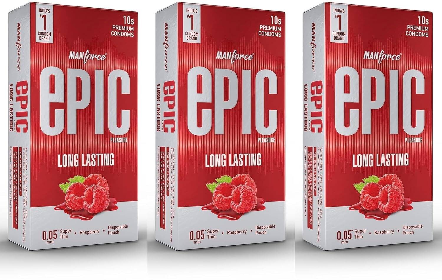 Manforce Epic Pleasure Long Lasting Premium Condoms for Men Super Thin Raspberry Flavour Disposable Pouch (10 Counts) x Pack of 3 Manforce Epic Pleasure Long Lasting Premium Condoms for Men Super Thin Raspberry Flavour Disposable Pouch (10 Counts) x Pack of 3
